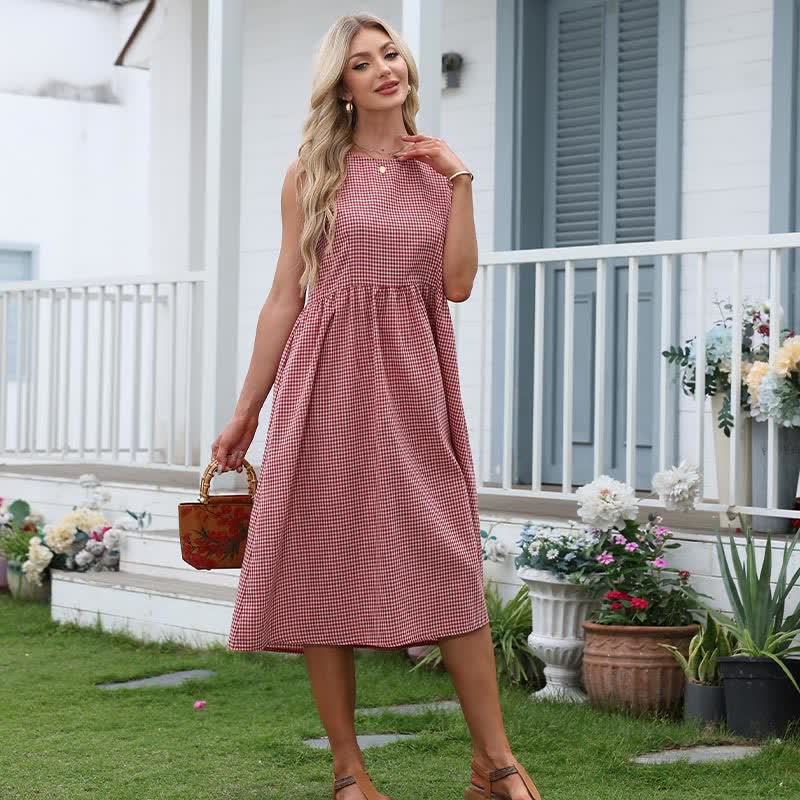 Buddha Stones Sommerliches, lässiges, kariertes Baumwollkleid für Damen, ärmellos mit Taschen - image 4