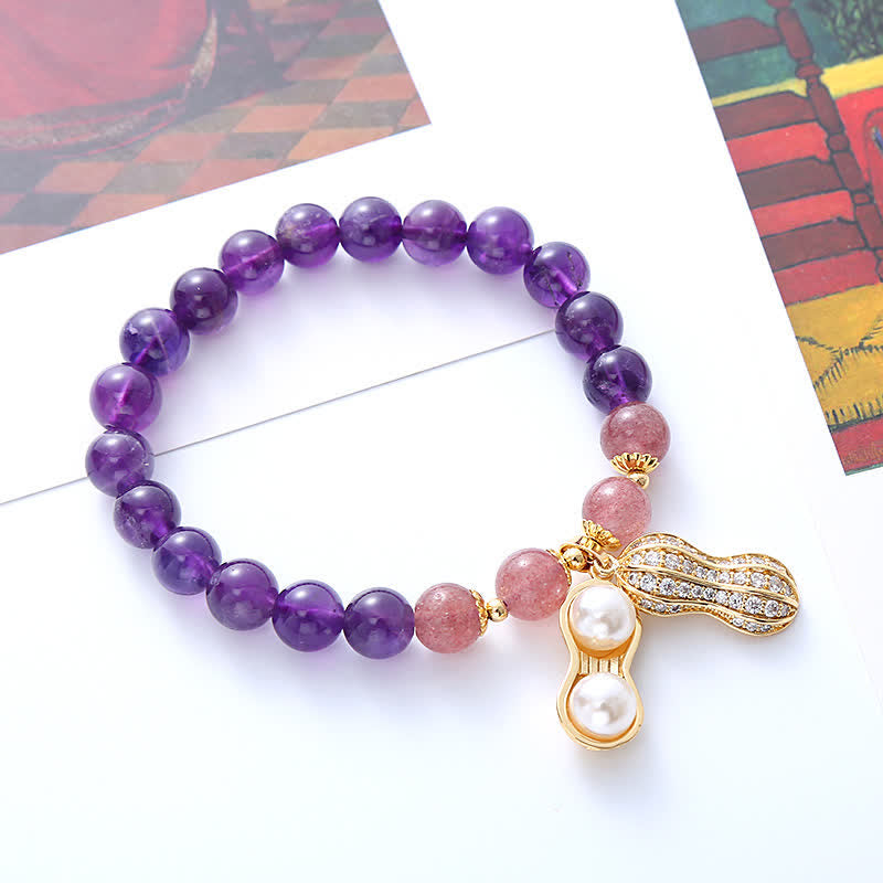 Buddha Stones Armband aus natürlichem Amethyst, Erdbeerquarz und Erdnuss – „Gute Dinge passieren“ - Amethyst (Handgelenkumfang 15-16 cm) - image 0