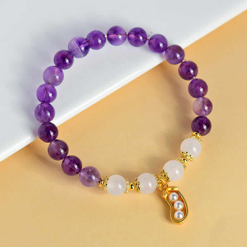 Buddha Stones Natürliches Amethyst-Weißachat-Erdnuss-Armband mit spiritueller Botschaft: „Gute Dinge geschehen“ - Amethyst (Handgelenkumfang 15-16 cm) - image 0