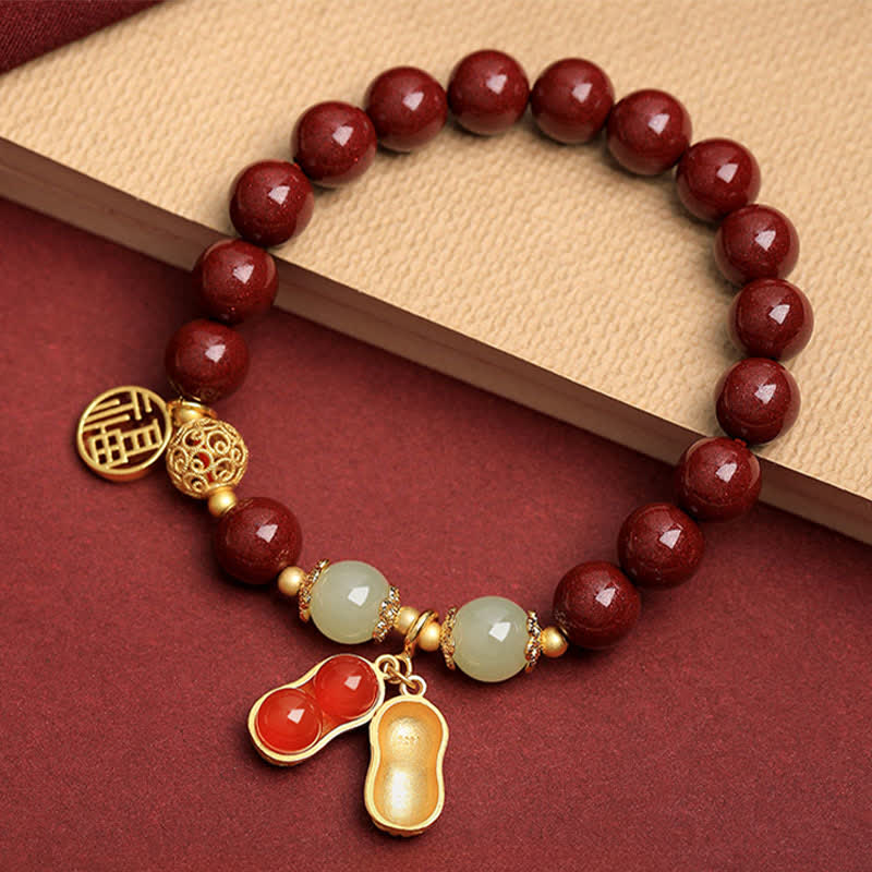 Buddha Stones Natürliches Zinnoberarmband mit Fu-Motiv und Erdnussmotiv – „Gute Dinge geschehen“ - Zinnober (Handgelenkumfang 15-16 cm) - image 0
