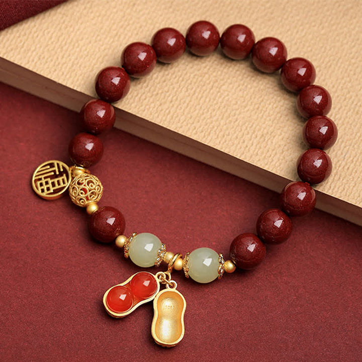 Buddha Stones Natürliches Zinnoberarmband mit Fu-Motiv und Erdnussmotiv – „Gute Dinge geschehen“ - Zinnober (Handgelenkumfang 15-16 cm) - image 0