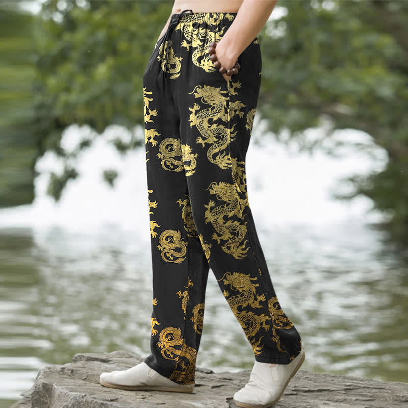 Buddha Stones Herren-Baumwollhose mit goldenem Drachenmuster, schmal zulaufendem Schnitt und Taschen - image 1