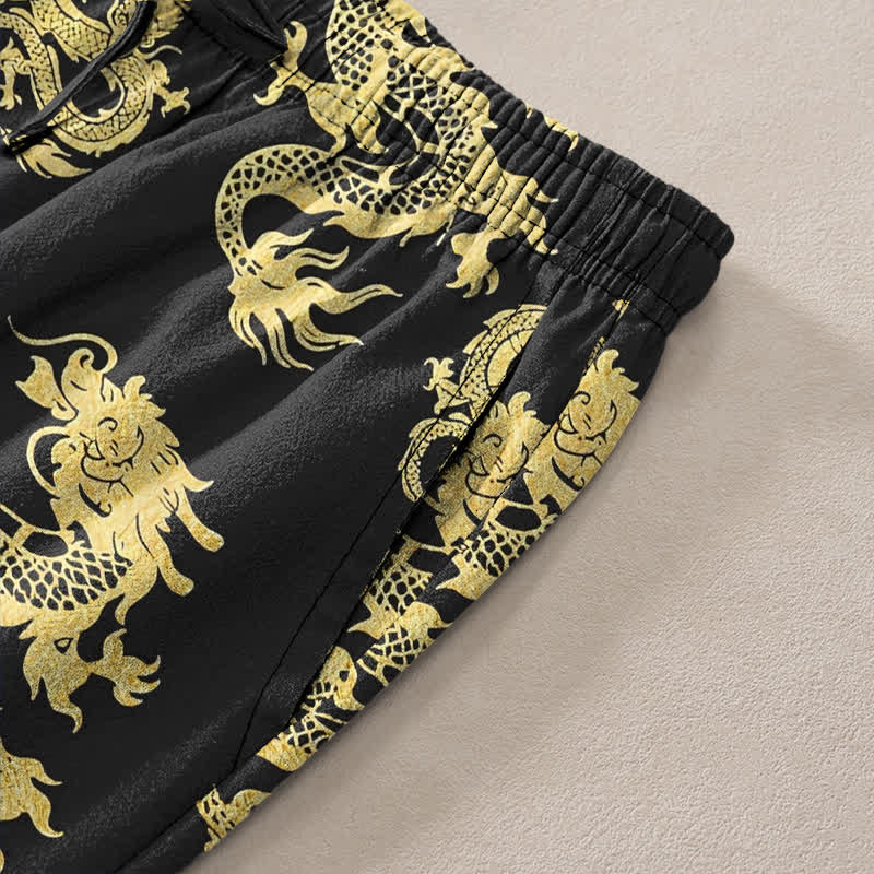 Buddha Stones Herren-Baumwollhose mit goldenem Drachenmuster, schmal zulaufendem Schnitt und Taschen - image 3