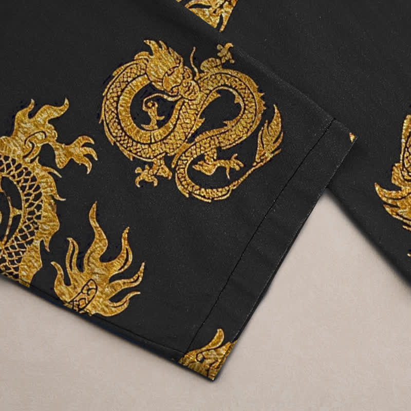 Buddha Stones Herren-Baumwollhose mit goldenem Drachenmuster, schmal zulaufendem Schnitt und Taschen - image 2