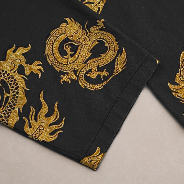Buddha Stones Herren-Baumwollhose mit goldenem Drachenmuster, schmal zulaufendem Schnitt und Taschen - image 2