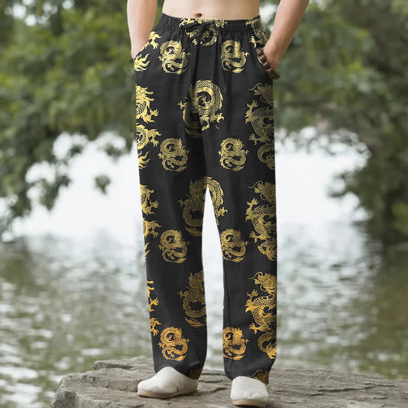 Buddha Stones Herren-Baumwollhose mit goldenem Drachenmuster, schmal zulaufendem Schnitt und Taschen - Schwarz - US/ UK/AU50, EU60 (5XL) - image 0