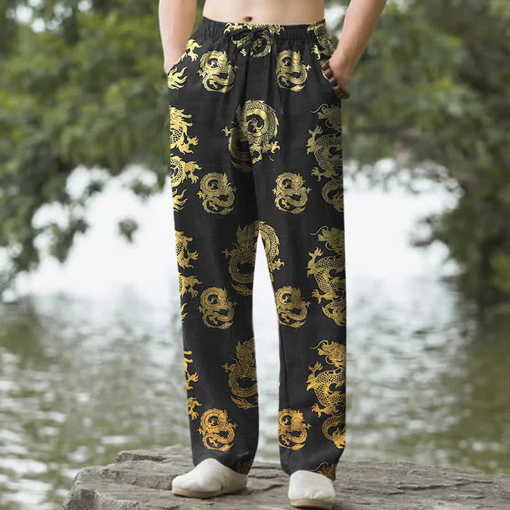 Buddha Stones Herren-Baumwollhose mit goldenem Drachenmuster, schmal zulaufendem Schnitt und Taschen - Schwarz - US/ UK/AU50, EU60 (5XL) - image 0