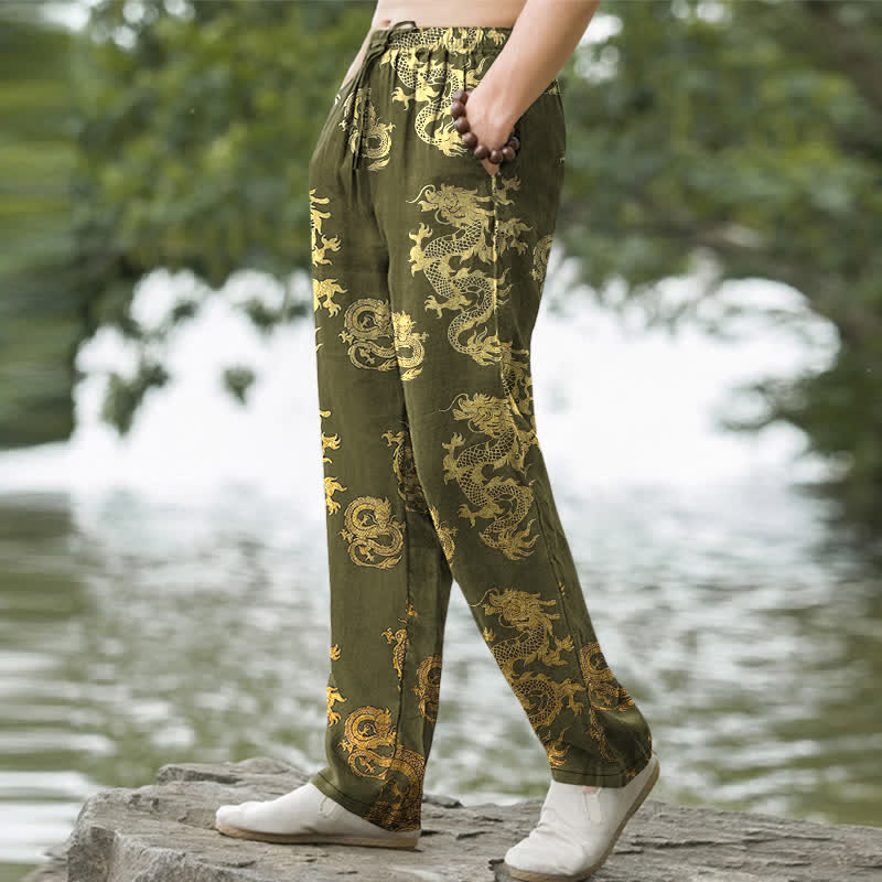 Buddha Stones Herren-Baumwollhose mit goldenem Drachenmuster, schmal zulaufendem Schnitt und Taschen - image 7