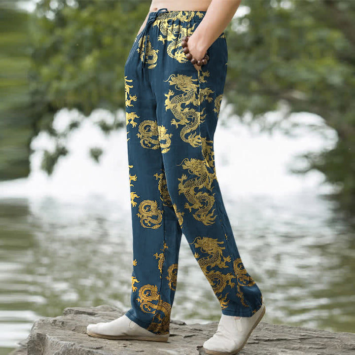 Buddha Stones Herren-Baumwollhose mit goldenem Drachenmuster, schmal zulaufendem Schnitt und Taschen - image 5