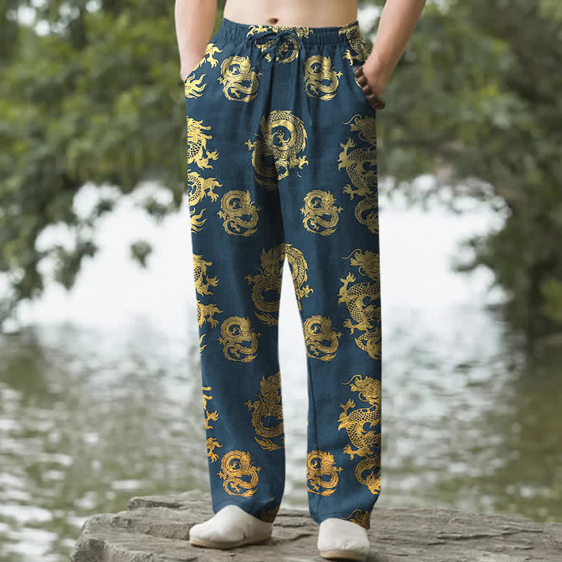 Buddha Stones Herren-Baumwollhose mit goldenem Drachenmuster, schmal zulaufendem Schnitt und Taschen - SteelBlue - US/ UK/AU50, EU60 (5XL) - image 4