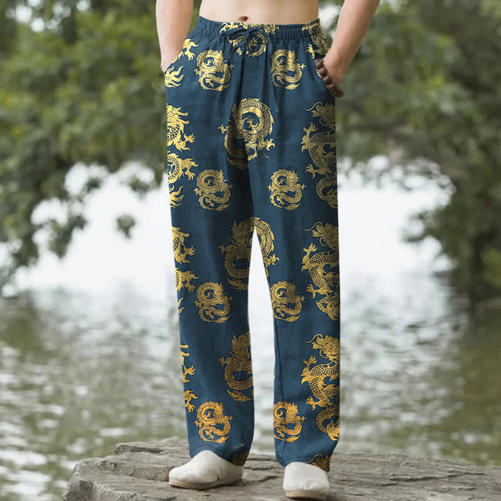 Buddha Stones Herren-Baumwollhose mit goldenem Drachenmuster, schmal zulaufendem Schnitt und Taschen - SteelBlue - US/ UK/AU50, EU60 (5XL) - image 4