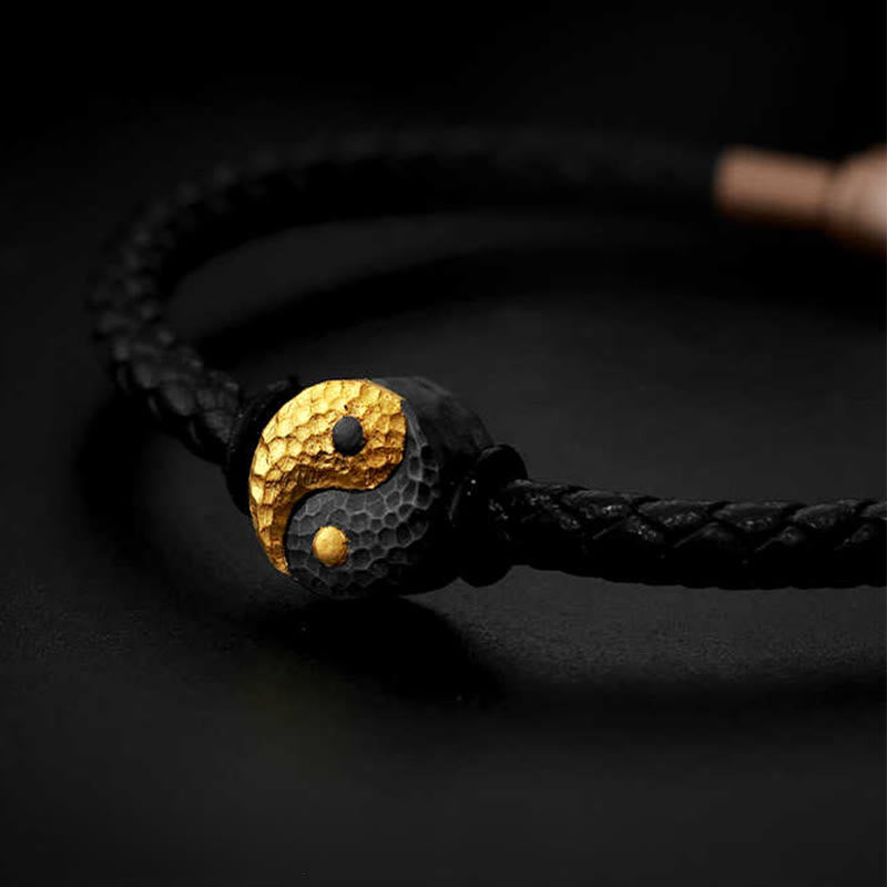 Buddha Stones Lederarmband aus 925er Sterlingsilber und 999er Gold mit Yin-Yang-Bagua-Symbol für Balance - image 1