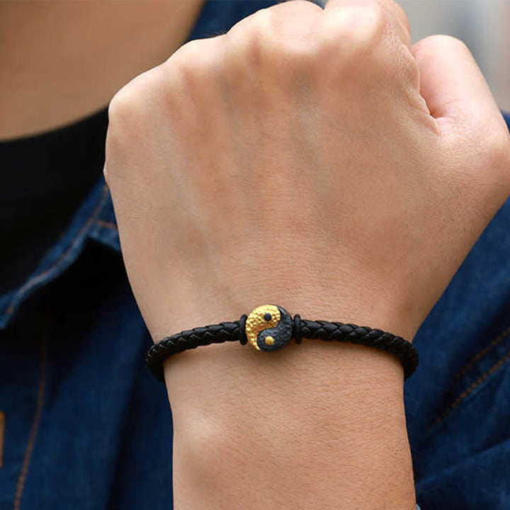 Buddha Stones Lederarmband aus 925er Sterlingsilber und 999er Gold mit Yin-Yang-Bagua-Symbol für Balance - image 10