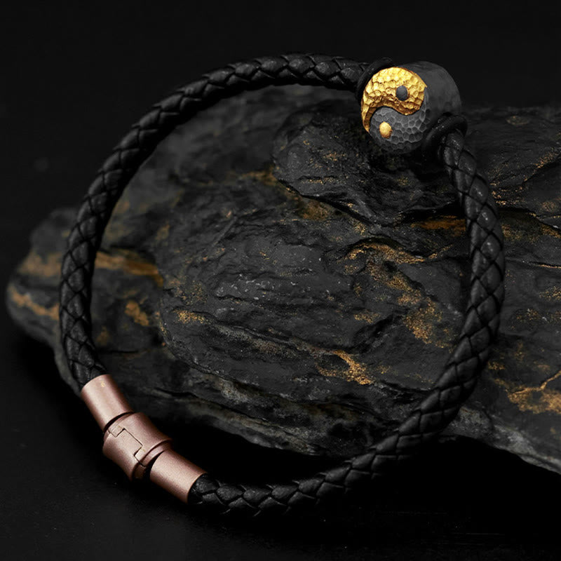 Buddha Stones Lederarmband aus 925er Sterlingsilber und 999er Gold mit Yin-Yang-Bagua-Symbol für Balance - image 2