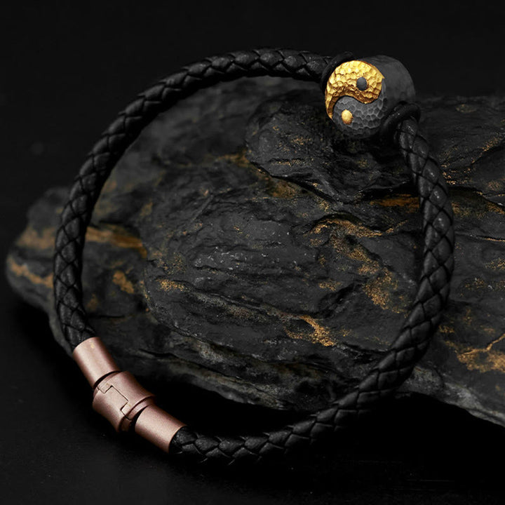 Buddha Stones Lederarmband aus 925er Sterlingsilber und 999er Gold mit Yin-Yang-Bagua-Symbol für Balance - image 2