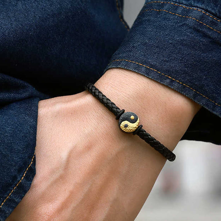 Buddha Stones Lederarmband aus 925er Sterlingsilber und 999er Gold mit Yin-Yang-Bagua-Symbol für Balance - image 3