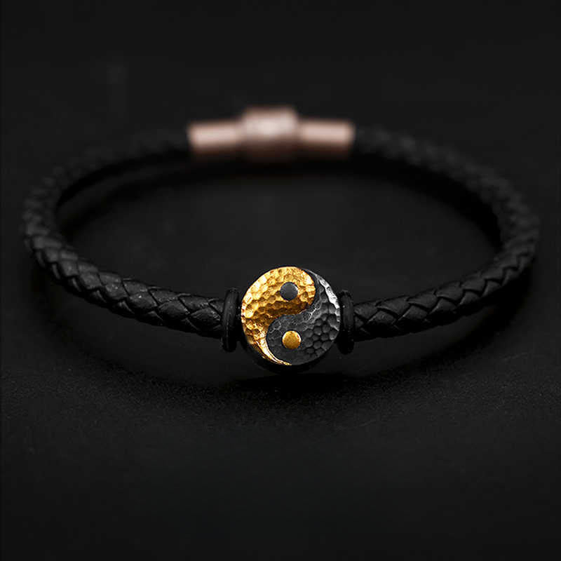 Buddha Stones Lederarmband aus 925er Sterlingsilber und 999er Gold mit Yin-Yang-Bagua-Symbol für Balance - 20 cm - image 0