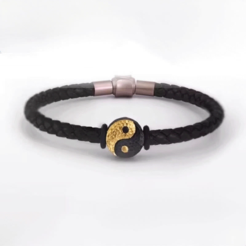 Buddha Stones Lederarmband aus 925er Sterlingsilber und 999er Gold mit Yin-Yang-Bagua-Symbol für Balance - image 12