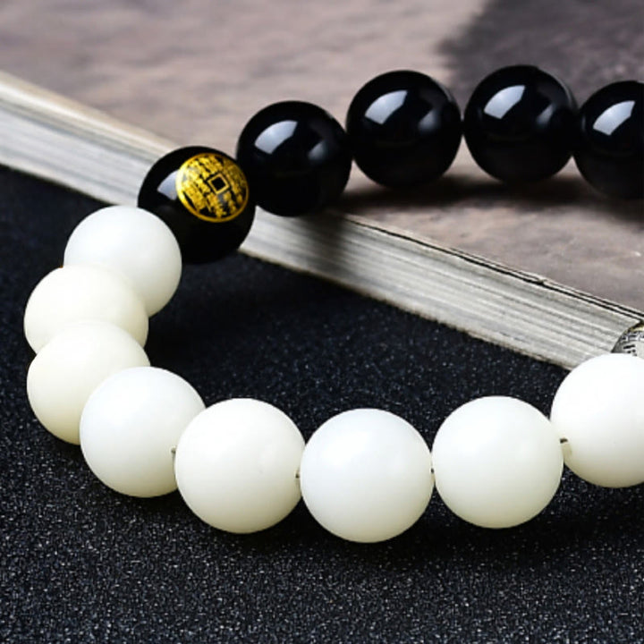 Buddha Stones Armband aus schwarzem Obsidian, Bodhi-Samen, Yin-Yang-Mantra mit neun Zeichen, Berggeister-Motiv, Geld ausgeben, Stärke - image 4