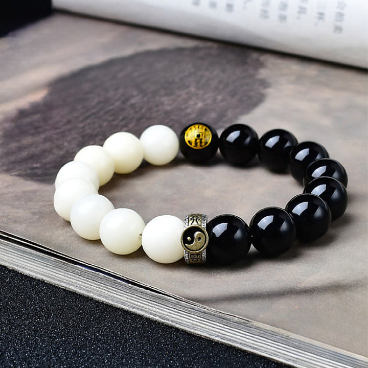 Buddha Stones Armband aus schwarzem Obsidian, Bodhi-Samen, Yin-Yang-Mantra mit neun Zeichen, Berggeister-Motiv, Geld ausgeben, Stärke - Schwarzer Obsidian Bodhi-Samen - 12 mm (Handgelenkumfang: 17-18 cm) - image 0