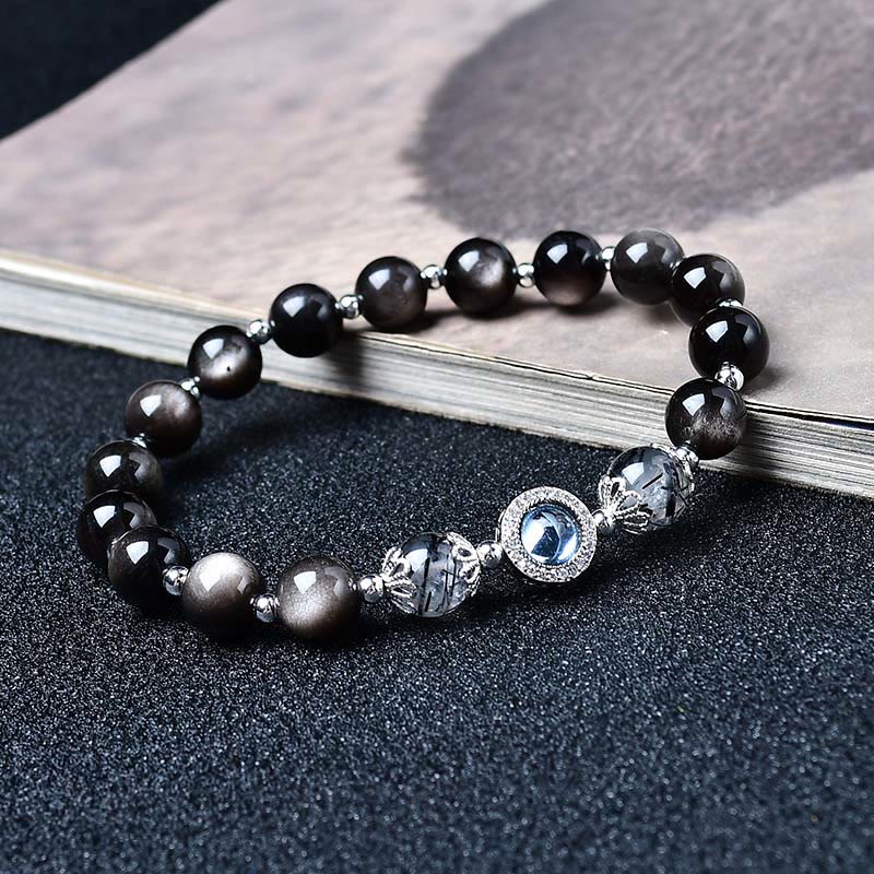 Buddha Stones Schwarzes Obsidian-Armband mit silbernem Schimmer, Obsidian und Zirkon – Reinigungsarmband - Silberschimmernder Obsidian - 8 mm (Handgelenkumfang: 15-16 cm) - image 4