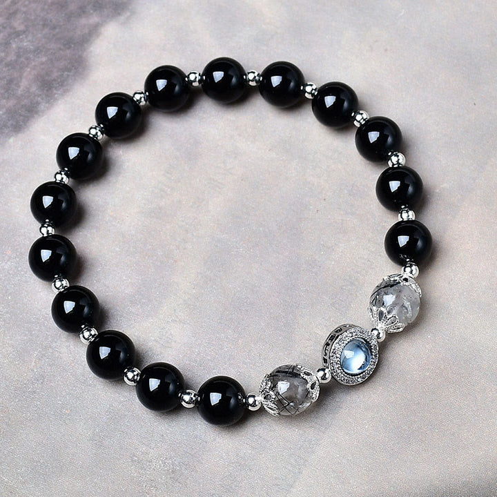 Buddha Stones Schwarzes Obsidian-Armband mit silbernem Schimmer, Obsidian und Zirkon – Reinigungsarmband - image 1