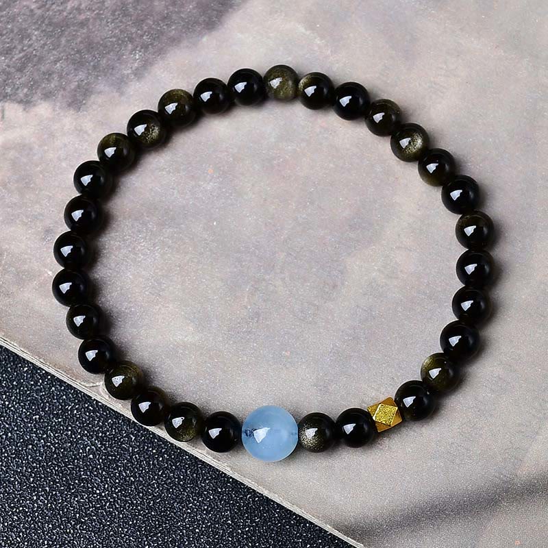 Buddha Stones Armband aus Obsidianperlen mit natürlichem Goldglanz zum Schutz - Goldglänzender Obsidian - 10 mm (Handgelenkumfang: 16-17 cm) - image 1
