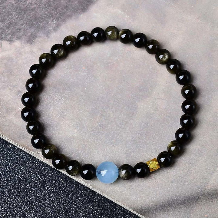 Buddha Stones Armband aus Obsidianperlen mit natürlichem Goldglanz zum Schutz - Goldglänzender Obsidian - 10 mm (Handgelenkumfang: 16-17 cm) - image 1