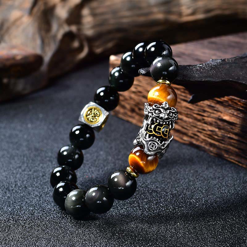 Buddha Stones Natürliches schwarzes Obsidian-PiXiu-Tigeraugen-Transformationsarmband - 14 mm (Handgelenkumfang: 18-19 cm) - image 0