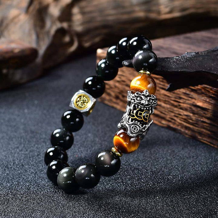 Buddha Stones Natürliches schwarzes Obsidian-PiXiu-Tigeraugen-Transformationsarmband - 14 mm (Handgelenkumfang: 18-19 cm) - image 0
