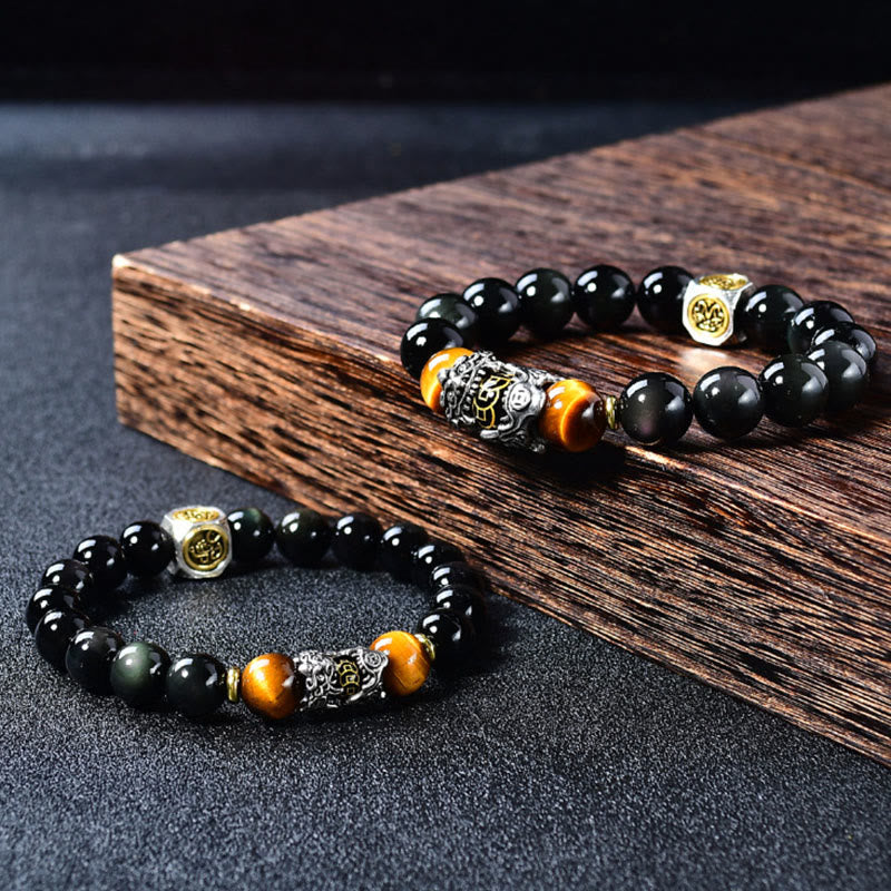 Buddha Stones Natürliches schwarzes Obsidian-PiXiu-Tigeraugen-Transformationsarmband - image 4
