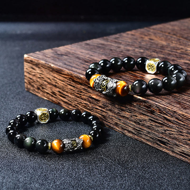 Buddha Stones Natürliches schwarzes Obsidian-PiXiu-Tigeraugen-Transformationsarmband - image 4