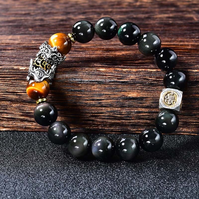Buddha Stones Natürliches schwarzes Obsidian-PiXiu-Tigeraugen-Transformationsarmband - image 1