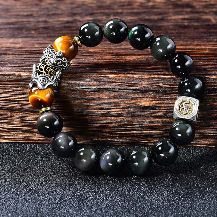 Buddha Stones Natürliches schwarzes Obsidian-PiXiu-Tigeraugen-Transformationsarmband - image 1