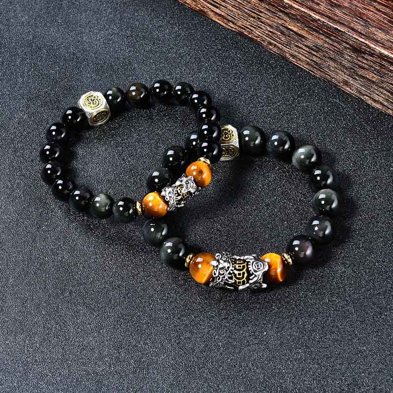 Buddha Stones Natürliches schwarzes Obsidian-PiXiu-Tigeraugen-Transformationsarmband - image 2