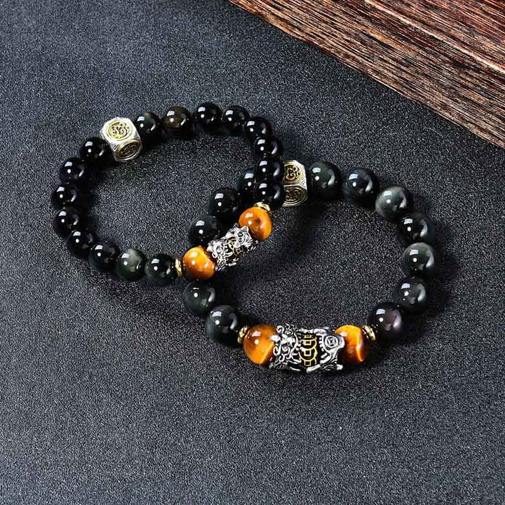 Buddha Stones Natürliches schwarzes Obsidian-PiXiu-Tigeraugen-Transformationsarmband - image 2