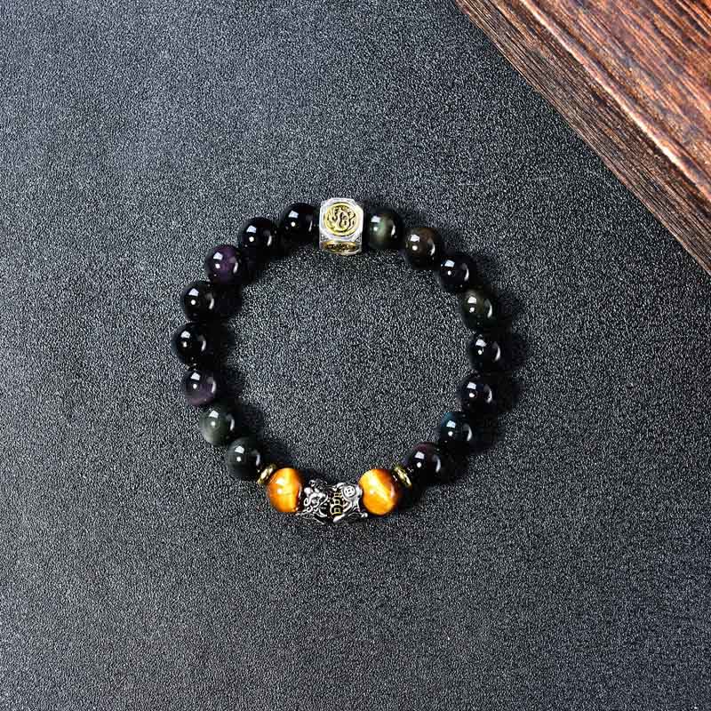 Buddha Stones Natürliches schwarzes Obsidian-PiXiu-Tigeraugen-Transformationsarmband - image 3