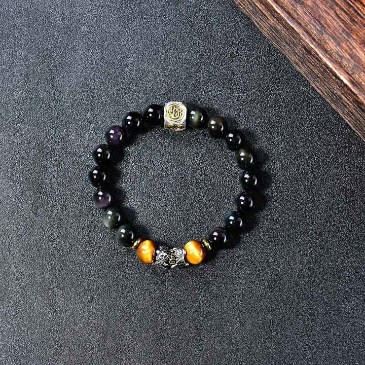 Buddha Stones Natürliches schwarzes Obsidian-PiXiu-Tigeraugen-Transformationsarmband - image 3