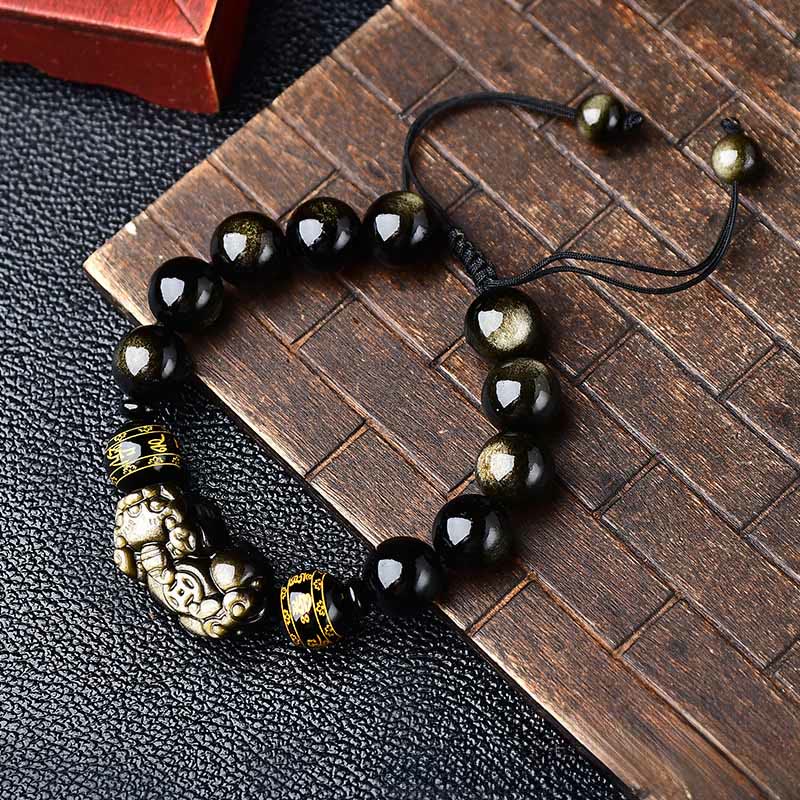 Buddha Stones Armband aus natürlichem, goldglänzendem Obsidian mit PiXiu Om Mani Padme Hum Schutzseil - 14 mm (Handgelenkumfang: 18-19 cm) - image 10