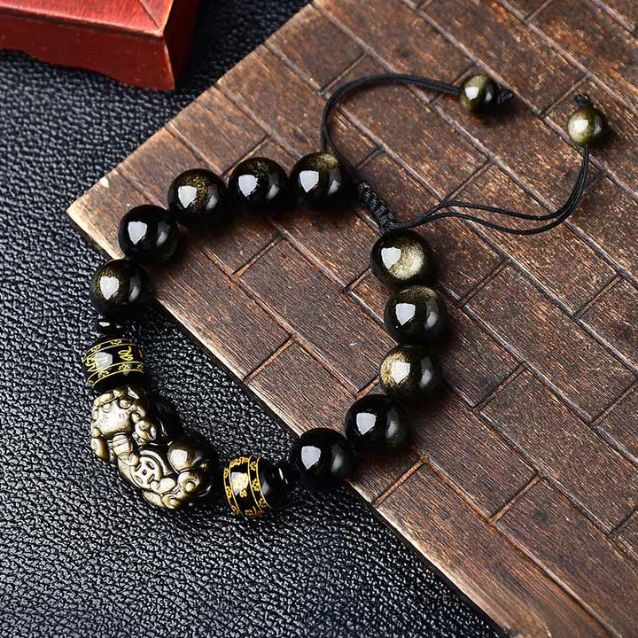 Buddha Stones Armband aus natürlichem, goldglänzendem Obsidian mit PiXiu Om Mani Padme Hum Schutzseil - 14 mm (Handgelenkumfang: 18-19 cm) - image 10