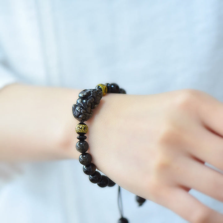 Buddha Stones Armband aus natürlichem, goldglänzendem Obsidian mit PiXiu Om Mani Padme Hum Schutzseil - image 4