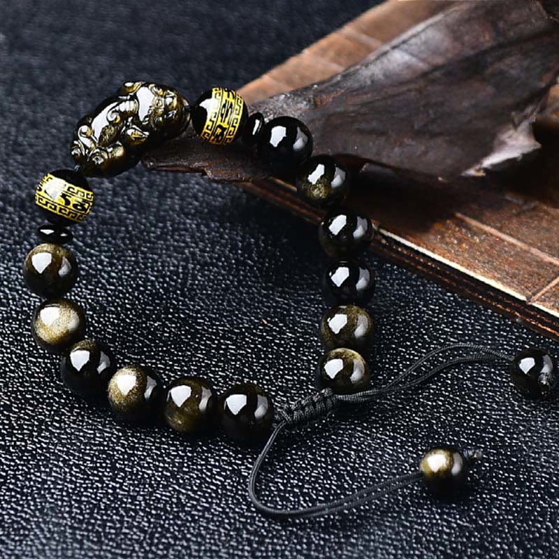 Buddha Stones Armband aus natürlichem, goldglänzendem Obsidian mit PiXiu Om Mani Padme Hum Schutzseil - image 3