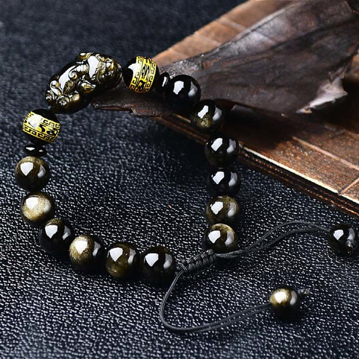 Buddha Stones Armband aus natürlichem, goldglänzendem Obsidian mit PiXiu Om Mani Padme Hum Schutzseil - image 3