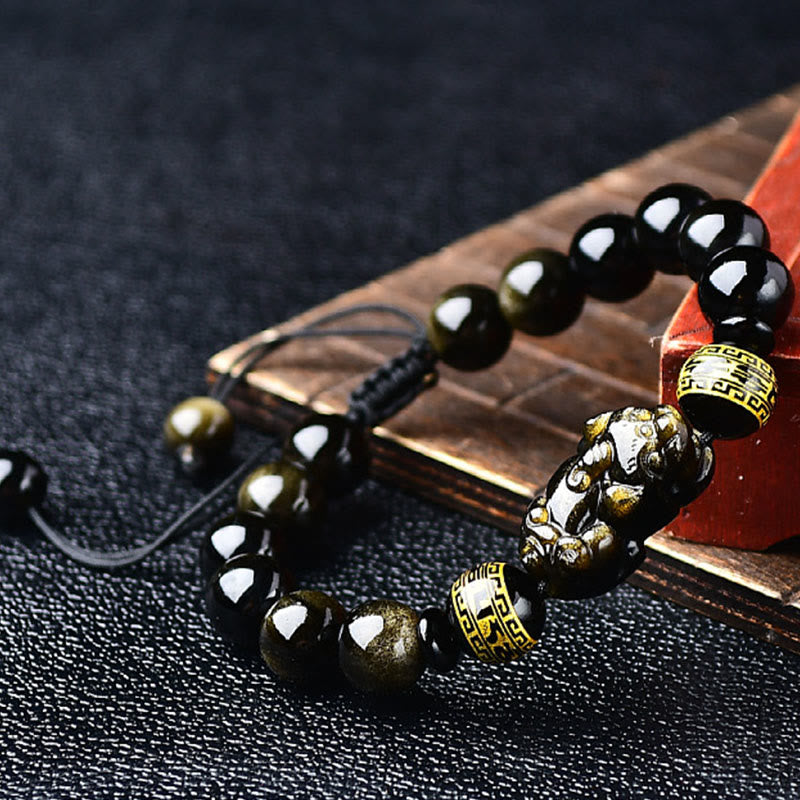 Buddha Stones Armband aus natürlichem, goldglänzendem Obsidian mit PiXiu Om Mani Padme Hum Schutzseil - image 1