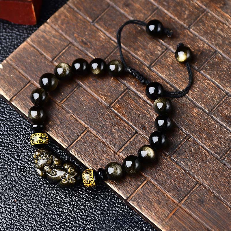 Buddha Stones Armband aus natürlichem, goldglänzendem Obsidian mit PiXiu Om Mani Padme Hum Schutzseil - image 2