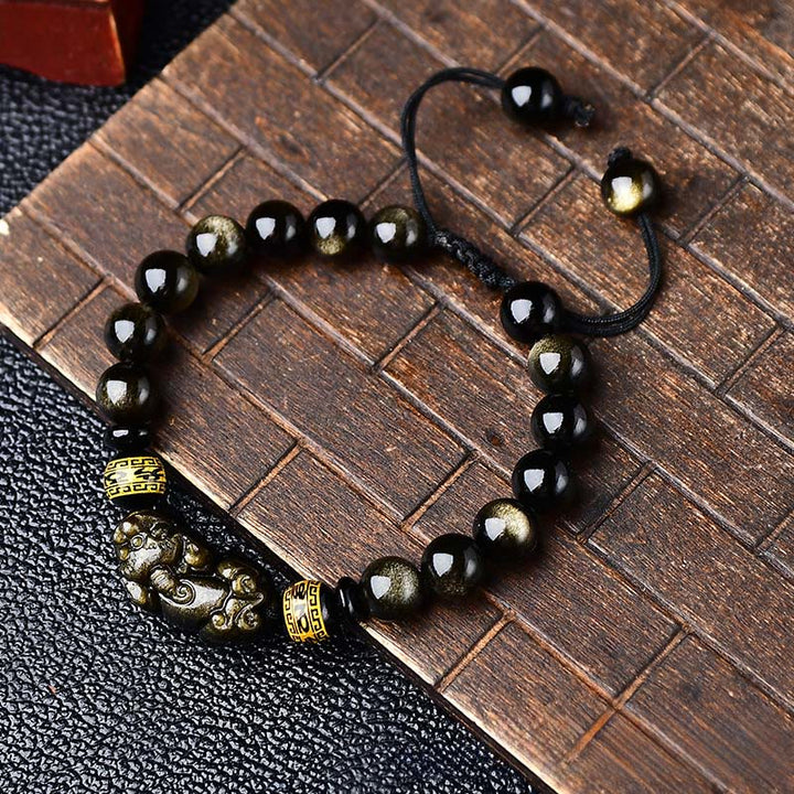 Buddha Stones Armband aus natürlichem, goldglänzendem Obsidian mit PiXiu Om Mani Padme Hum Schutzseil - image 2