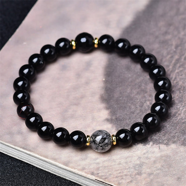 Buddha Stones Natürliches schwarzes Obsidian- und Rutilquarz-Reinigungsarmband - image 3