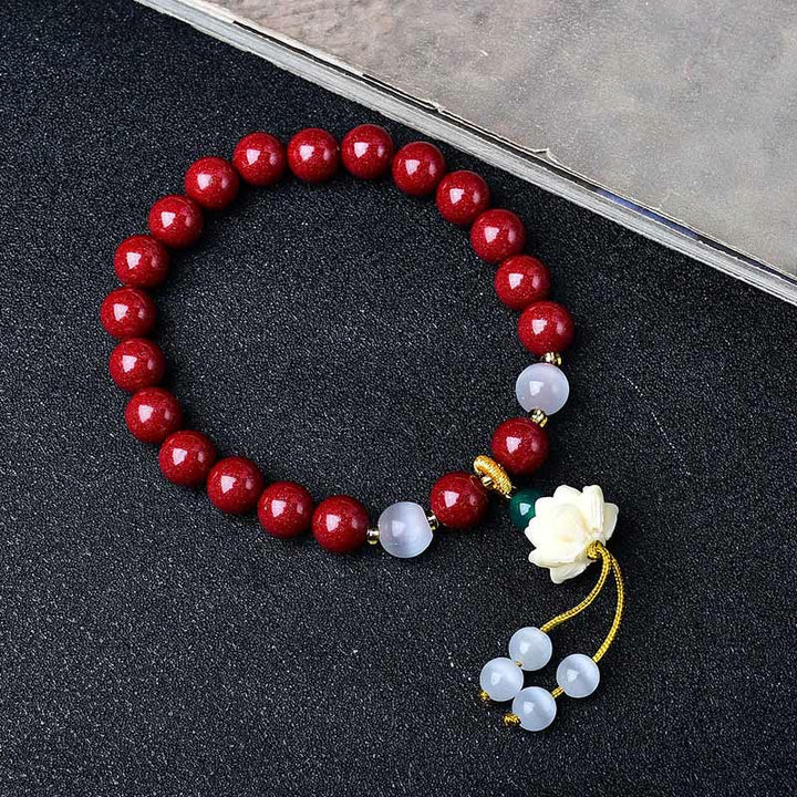Buddha Stones Natürliches Armband mit Zinnober, Katzenaugen-Elfenbein, Lotus-Fruchtanhänger und Segenssymbol - image 3