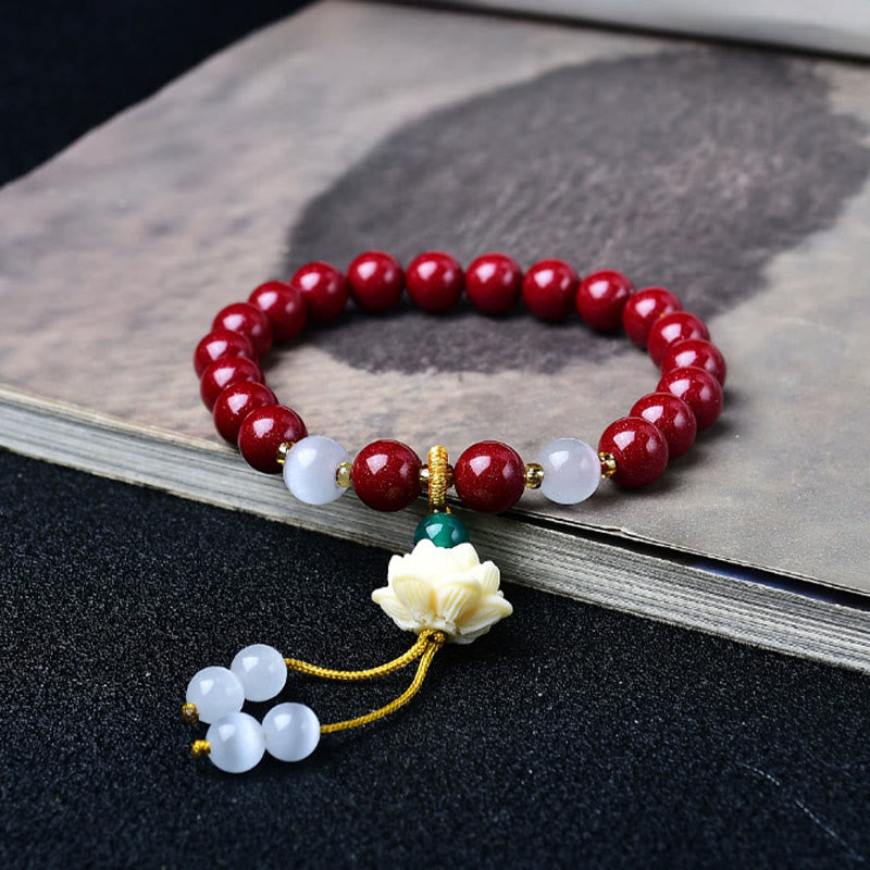 Buddha Stones Natürliches Armband mit Zinnober, Katzenaugen-Elfenbein, Lotus-Fruchtanhänger und Segenssymbol - 8 mm Zinnober (Handgelenkumfang: 15–16 cm) - image 0