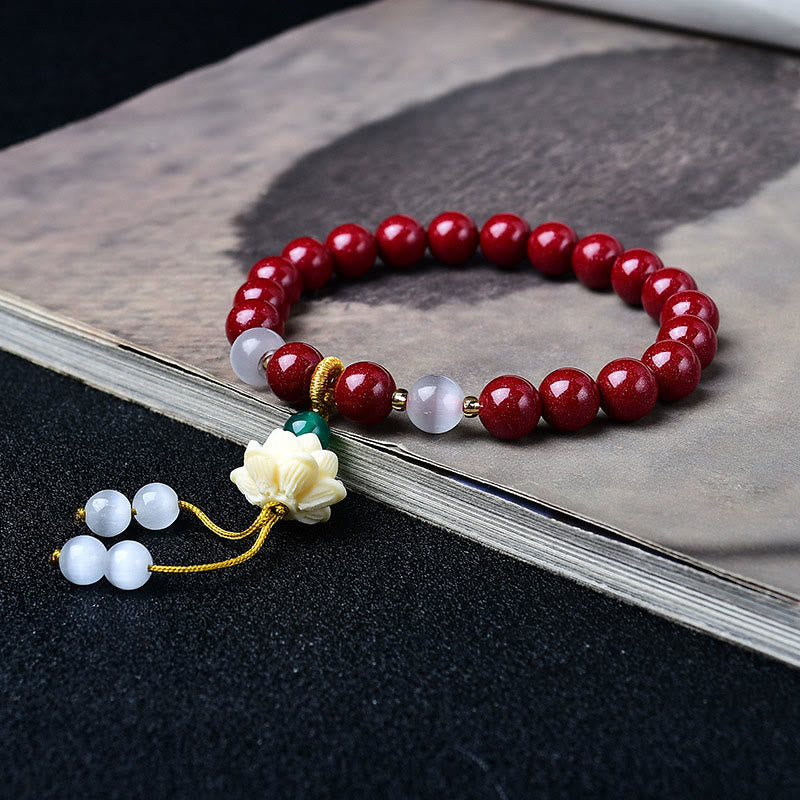 Buddha Stones Natürliches Armband mit Zinnober, Katzenaugen-Elfenbein, Lotus-Fruchtanhänger und Segenssymbol - image 2
